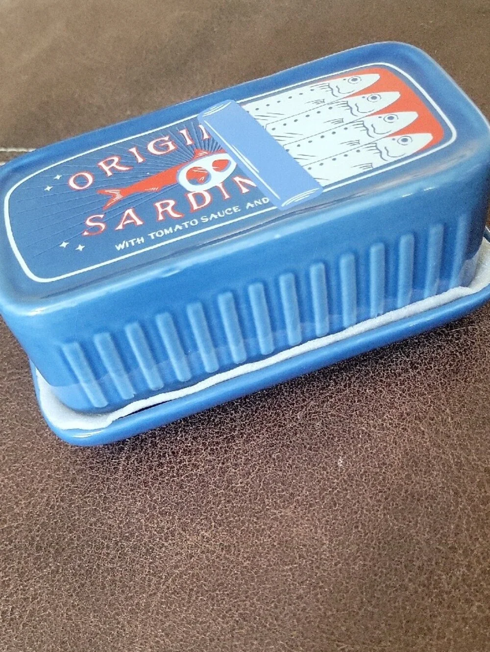 Hobby Lobby Blue and Red Sardine Butter Dish